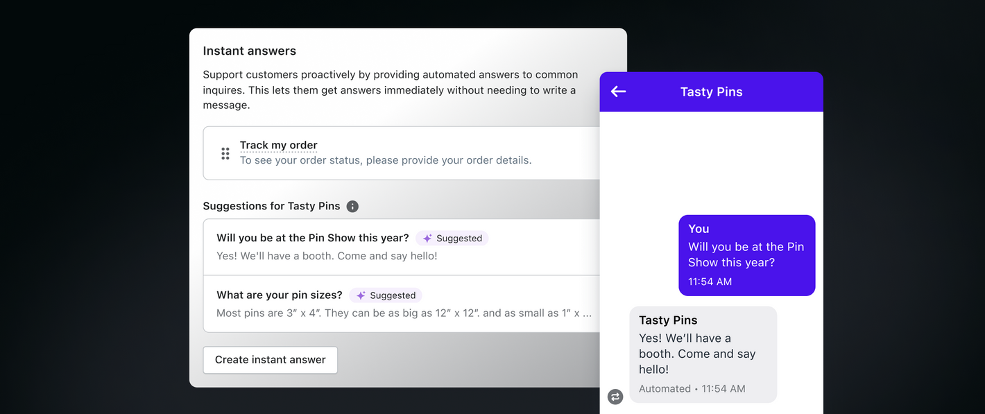 Instant answers interface showing suggestions for questions and answers to common inquiries. A chat window to the right shows a preview of one of the suggestions.